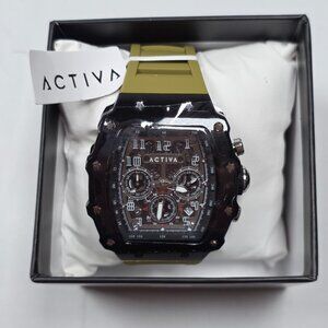 ACTIVA Chronograph Style Watch Olive Green Silicone Strap Skeleton Dial New Box